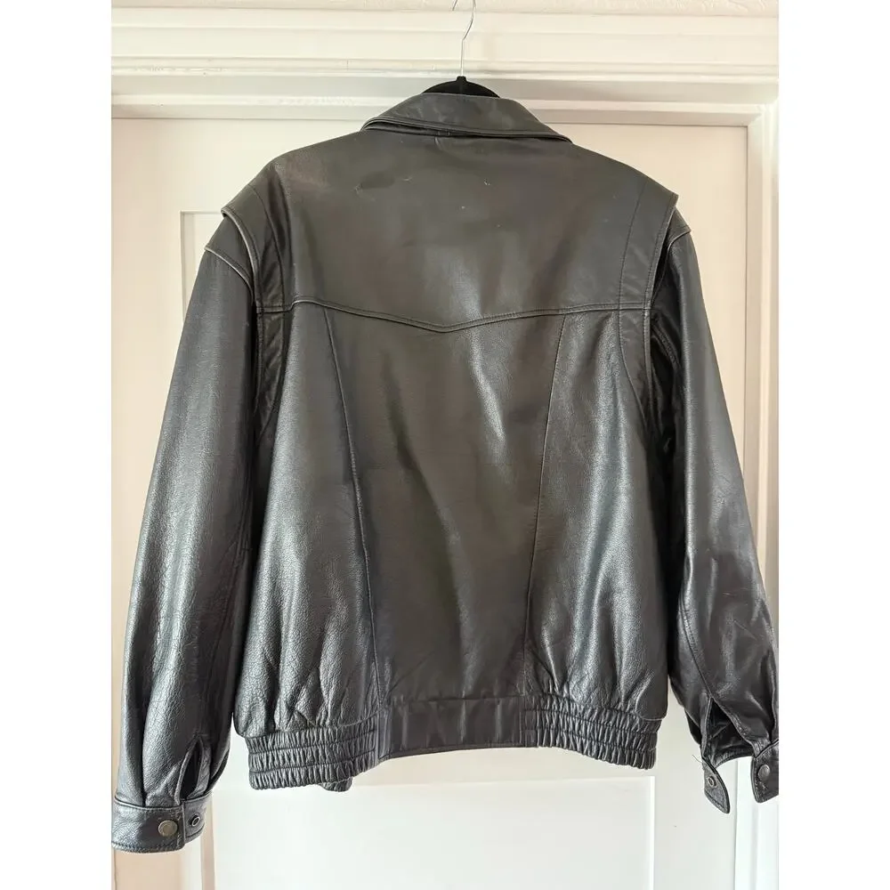 Vintage Black Genuine Leather Jacket Oversized 90s Minimal Beyond California L - Picture 11 of 12
